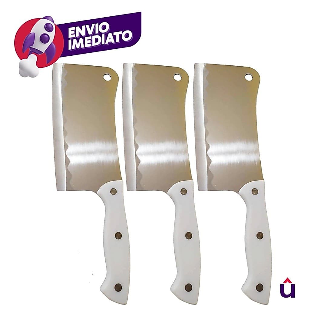 Kit Cutelo Machadinha Inox 6” Profissional Chef Facão Cozinha Açougueiro Cabo Branco C/ 1, 2 Ou 3 Un