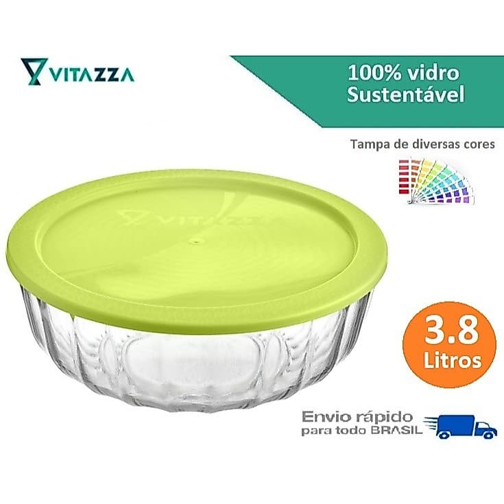 Tigela de Vidro Saladeira Pote Com Tampa Plastica Oceani 3,8 Litros Vitazza
