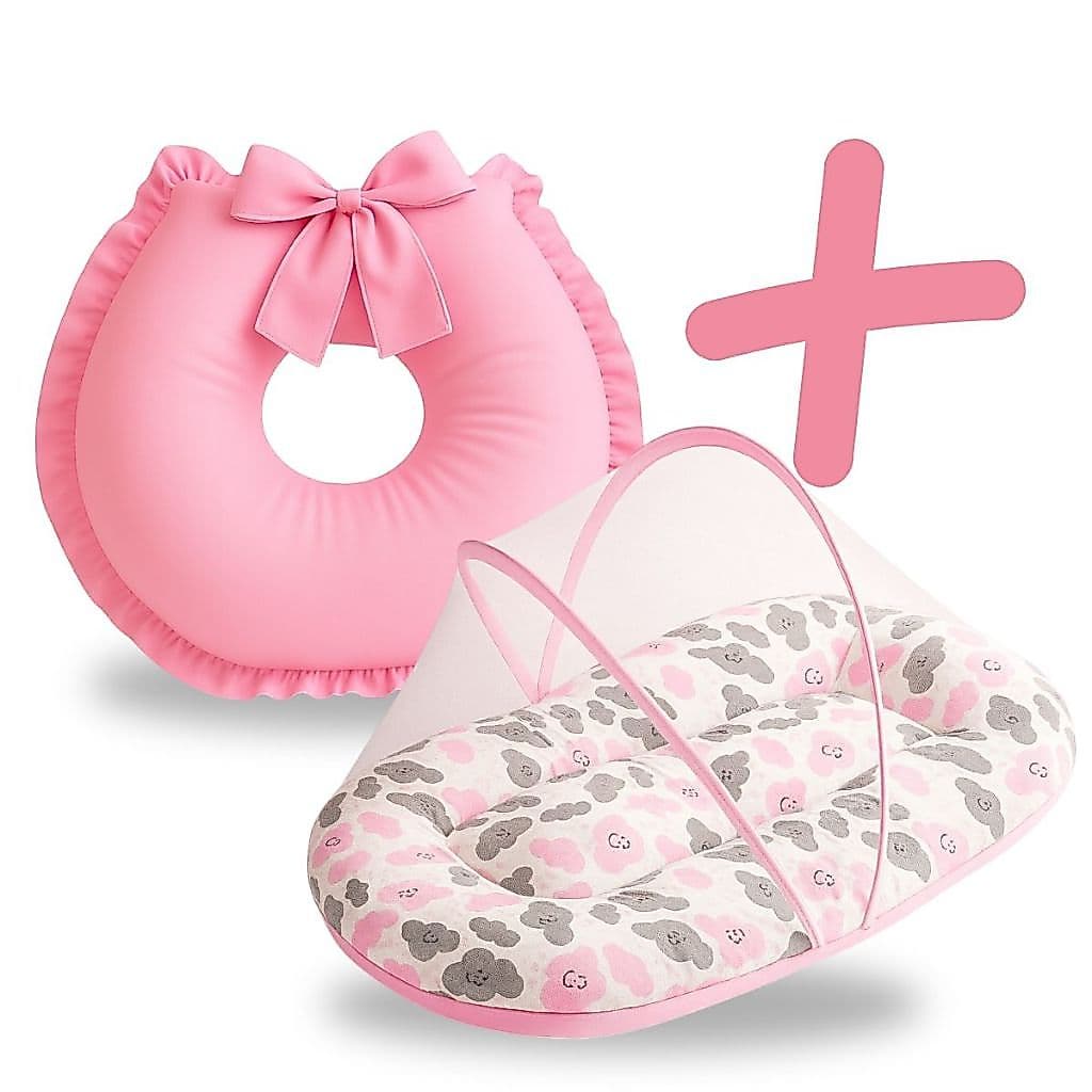 Berço Portátil Redutor Mosquiteiro + Almofada Amamentação Kit 2 Peças Enxoval Bebe Menina Menino