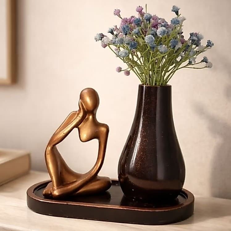 Escultura Decorativa Moderna em Gesso com Vaso e Bandeja | Enfeite para Sala Quarto Escritório