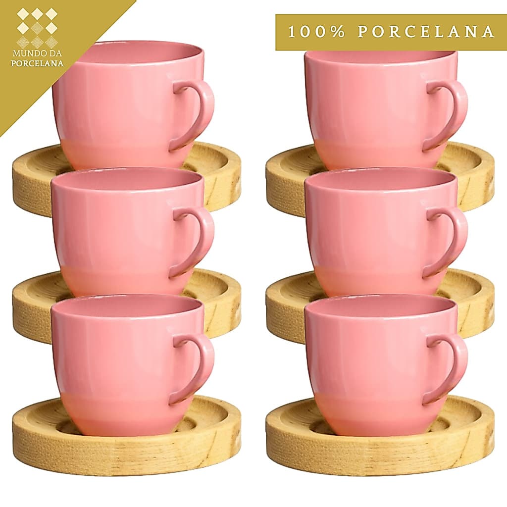 Jogo 6 Xicaras Porcelana Café Chá Rosa Com Pires Madeira Mundo da Porcelana
