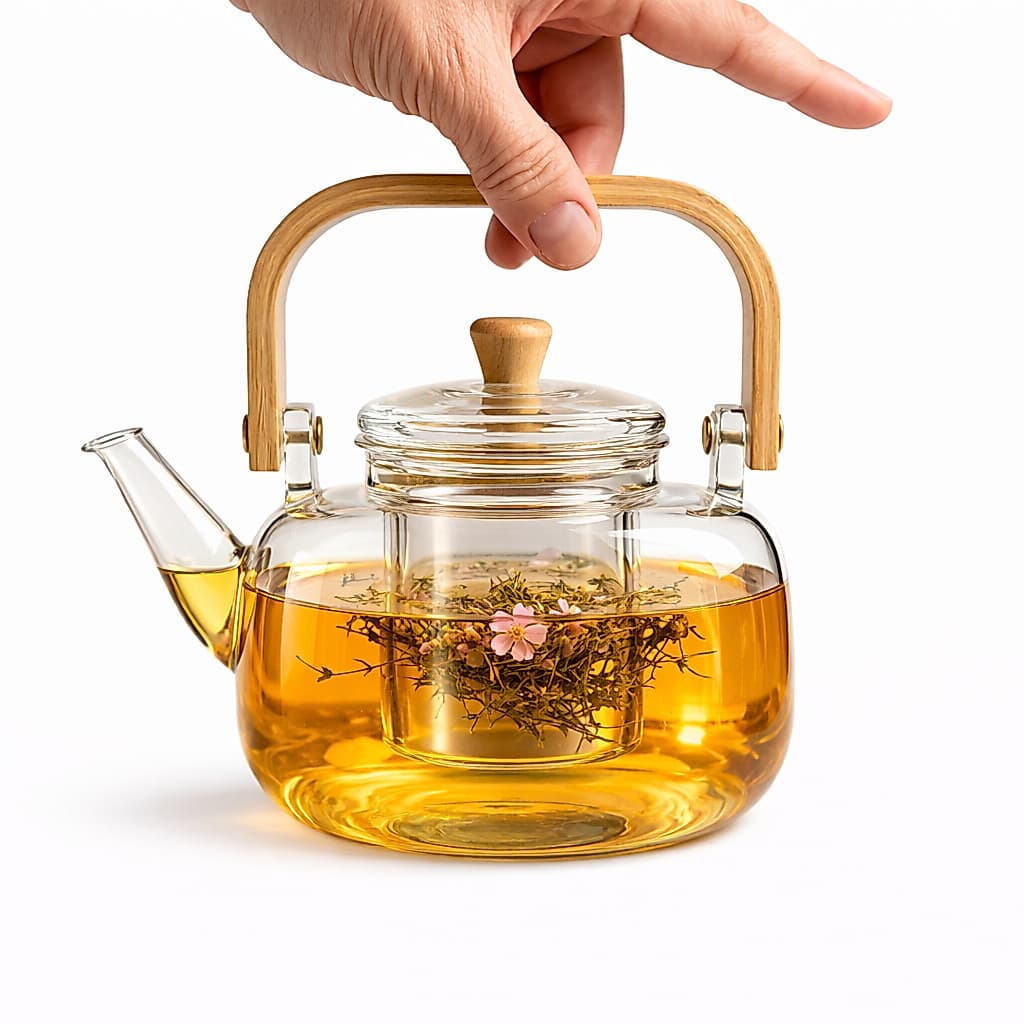Chaleira 1L Bule de Vidro Borossilicato com Alça de Bambu e Tampa Decorativa Vai Direto ao Fogo