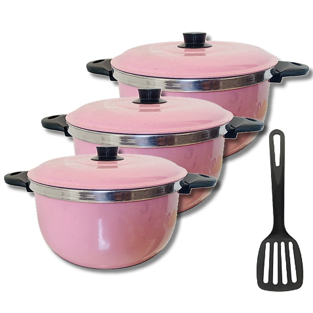 Kit 3 Caçarolas na Cor Rosa Panelas Alumínio Grosso, 1 Espatula N. 18 e N. 16 N. 14,