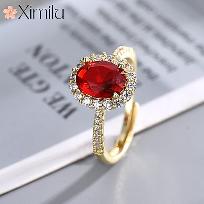 ❤ Novo estilo incrustado Oval rubi anel feminino luz luxo nicho cristal vermelho moda jóias