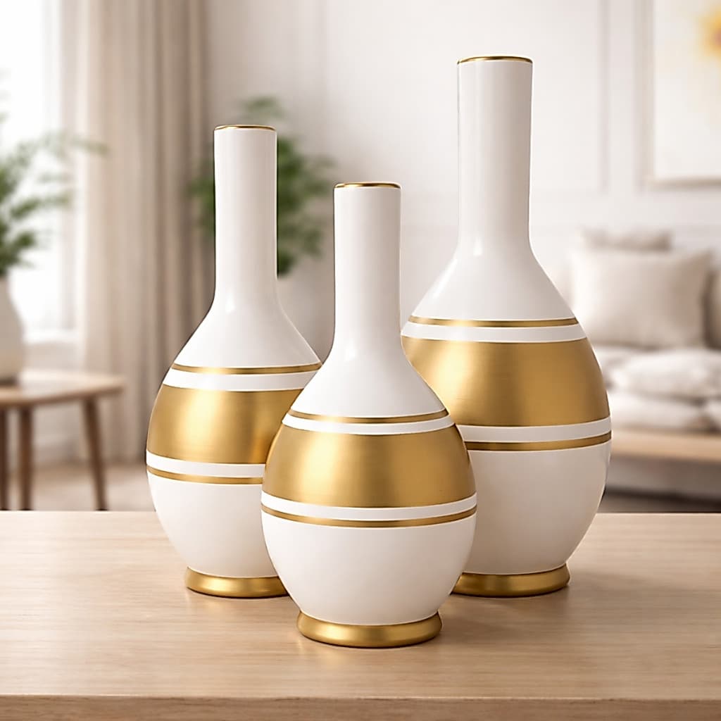 Decoração 3 Vasos Cerâmica Sala Enfeite Rack Estante Kit Decorativo Conjunto Luxo