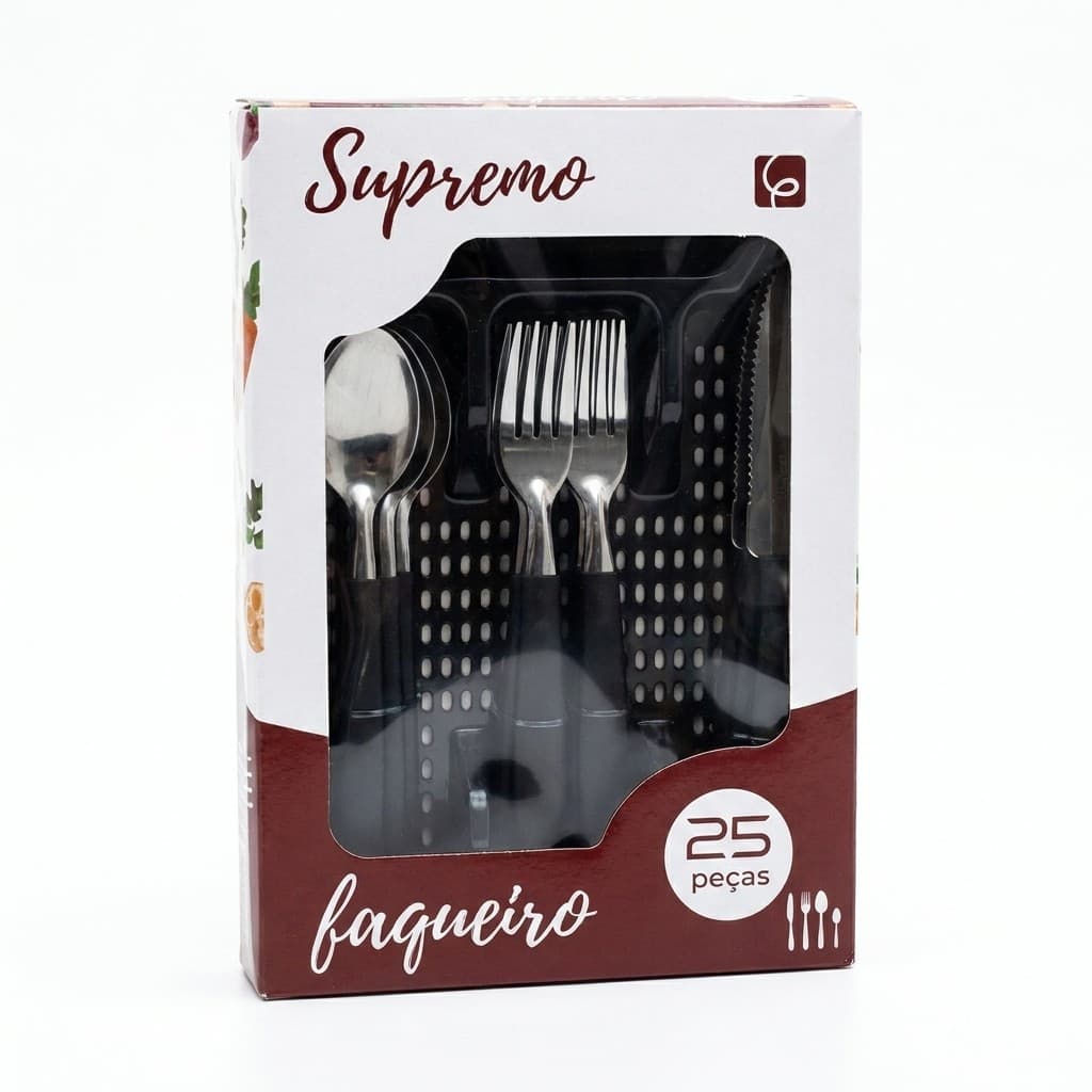 Jogo de Talheres Supremo 25 Peças Preto com Porta Talheres Organizador Faqueiro em Aço Inox para Mesa e Cozinha