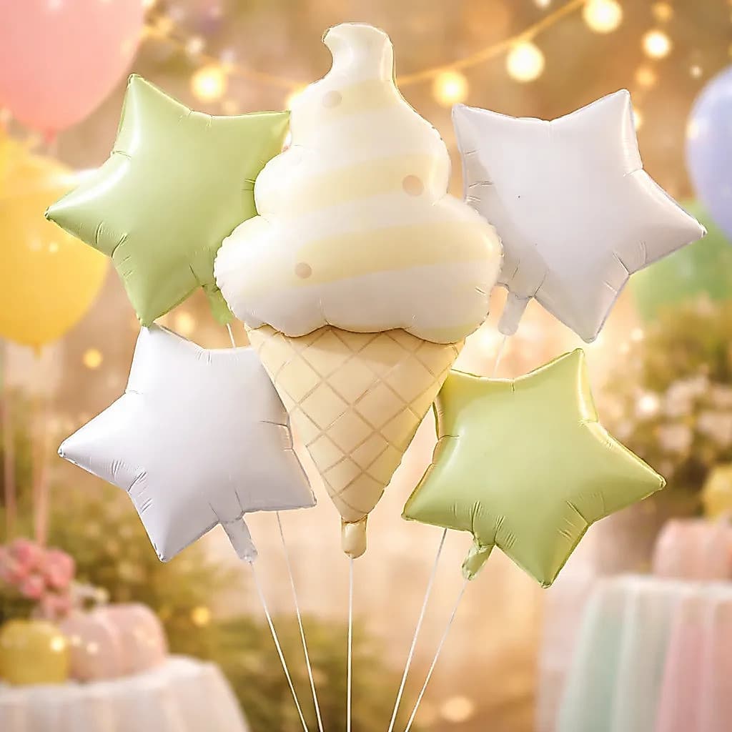 Balão Metalizado Sorvete Gigante com Estrelas Candy Colors Kit 5 Peças