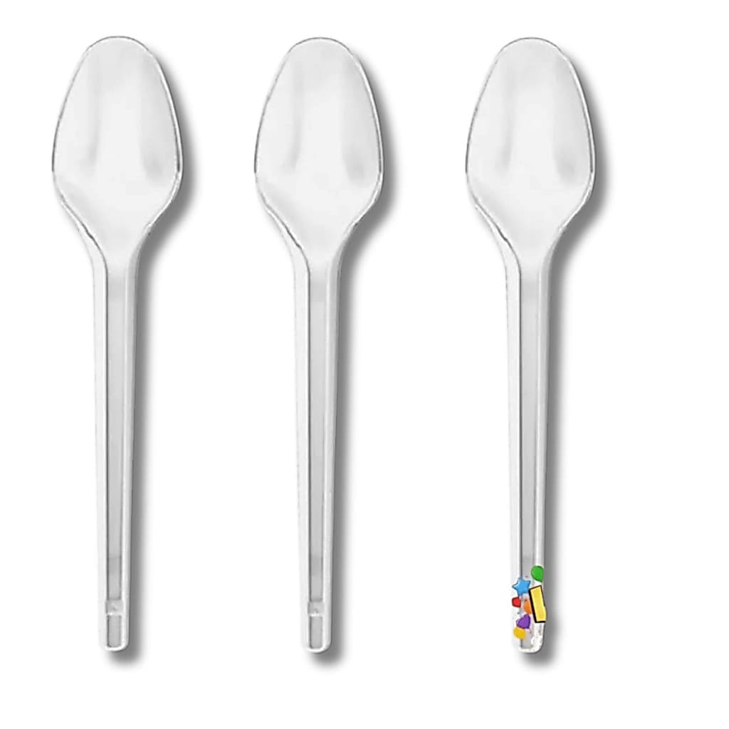 Kit 100 Colheres Descartável Sobremesa Branco Ou Cristal Reunião Festa Eventos Comemorações Trio Mix