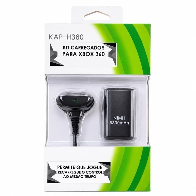 Kit Carregador para Controle Xbox 360 com Bateria Recarregável 6800mAh