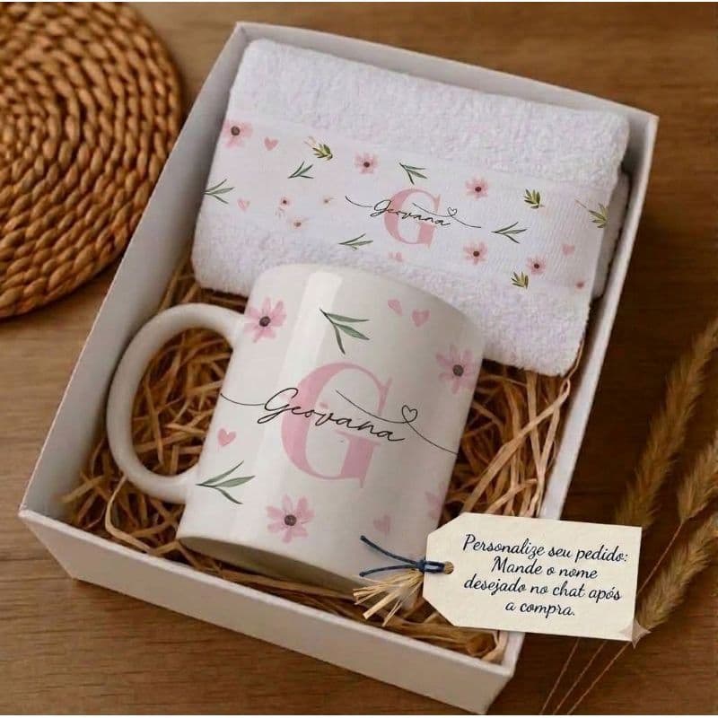 Caneca Personalizada + Toalha de Lavabo | Kit Presente Personalizado 🩷 rosa| Lembrancinha Especial | Não acompanha caixa