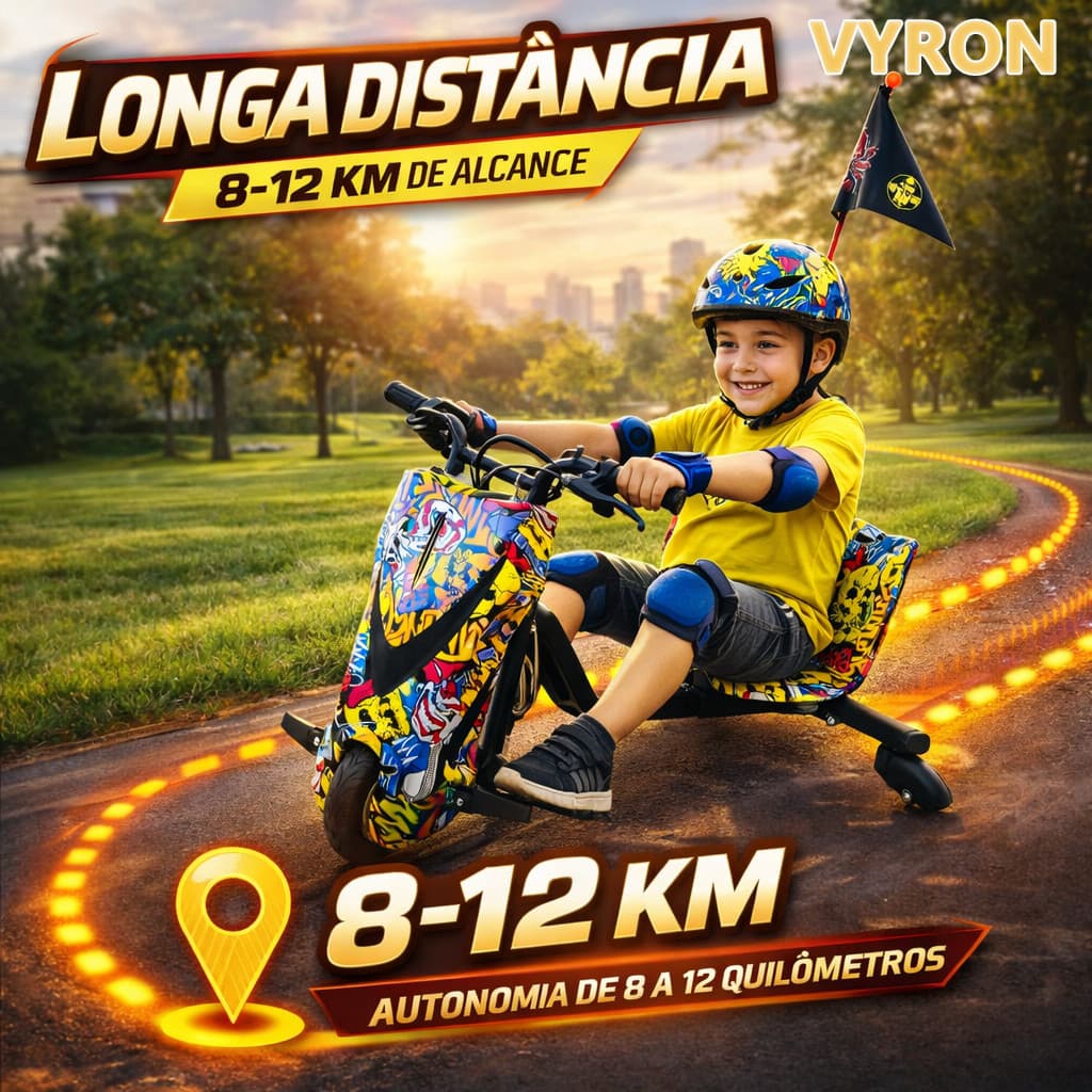 VYRON Triciclo Elétrico Drift 8” 36V 250W com Bluetooth /Led/Bateria Recarregavel