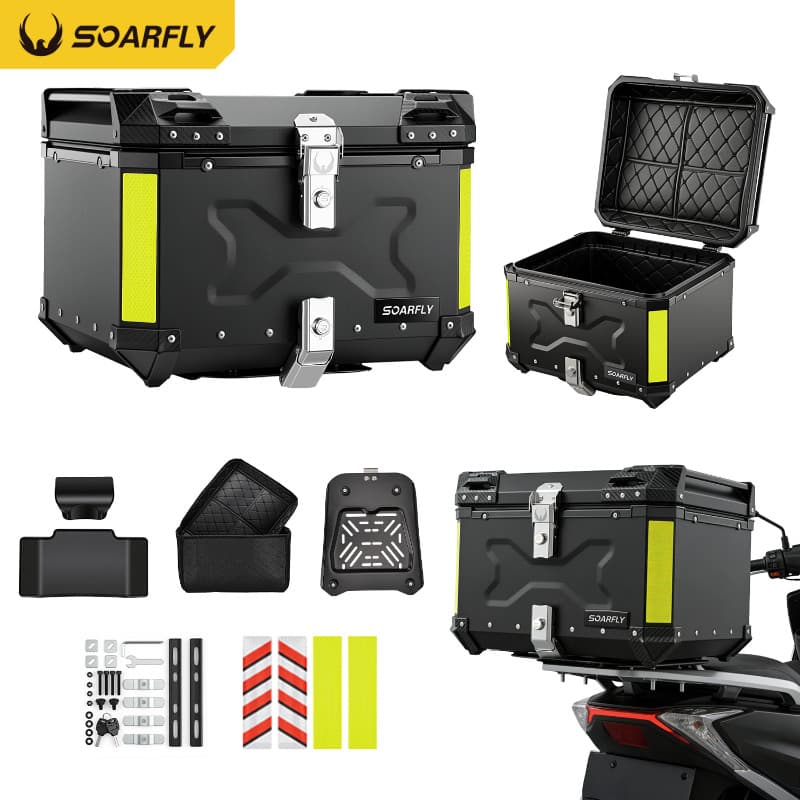 Soarfly Baú Para Moto Baú De Alumínio Para Motocicleta 55 Litros + Suporte + Encosto+dois Tipos De Adesivos Refletivos