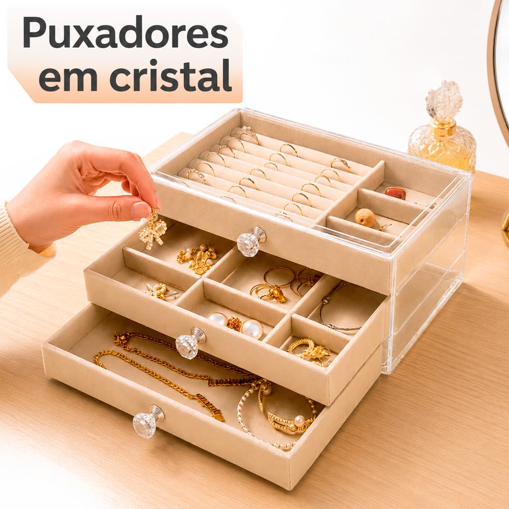 Porta Joias Acrílico Veludo 3 Camadas Organizador Caixa 3 Gavetas Multiuso Luxo Anti Poeira