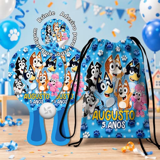 7/10/15/20/25 Kit Mochilinha e Raquetes Ping Pong -  Bluey e Pingo