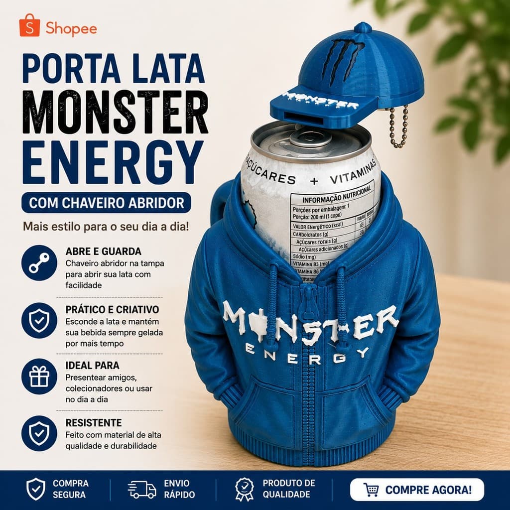 Moletom Porta Lata Monster Energy Impressão 3D Suporte Para Lata