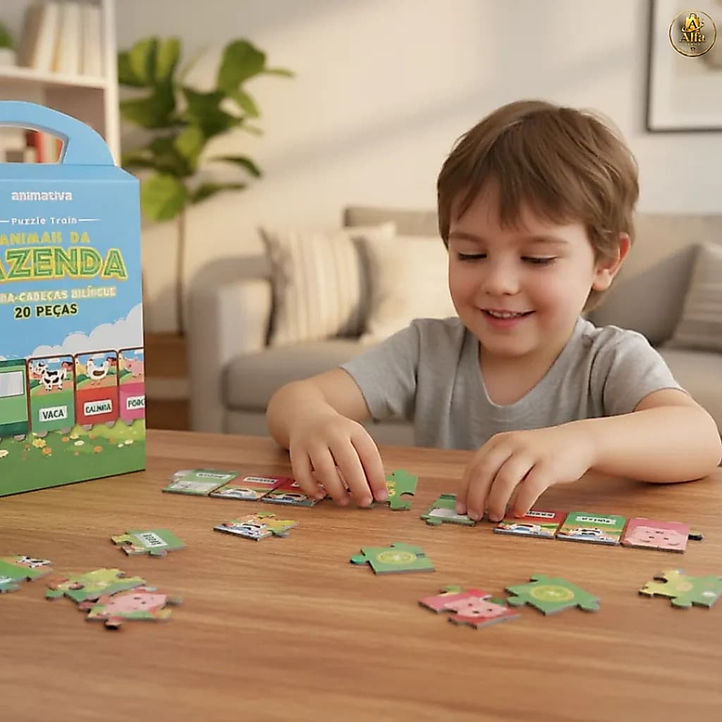 Quebra-Cabeça Bilíngue Fazenda Infantil Maleta Vocabulário Raciocínio Concentração Presente