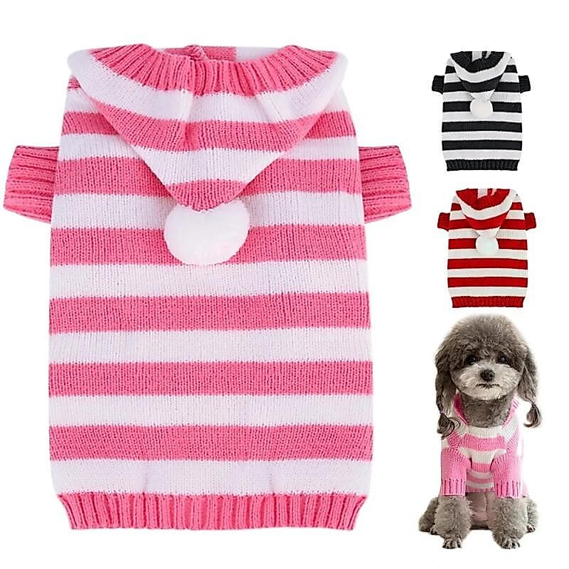 Suéter de Natal para Cães e Gatos, Roupa Quente de Inverno para Filhotes com Chapéu, Jaqueta Listrada de Natal para Pug,