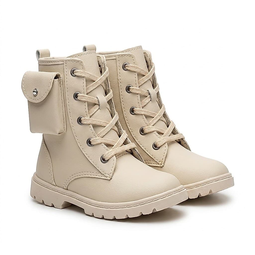 Bota Coturno Infantil Feminina Off White com Bolso Decorativo e Cadarço
