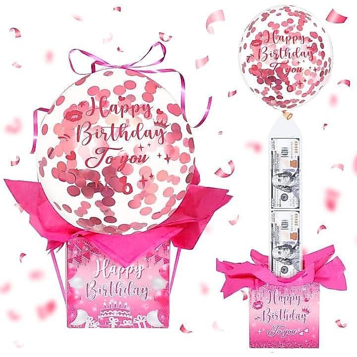 Caixa de Dinheiro de Aniversário para Presente em Dinheiro, Caixa de Surpresa Rosa Choque com Balão Retrátil para Menina