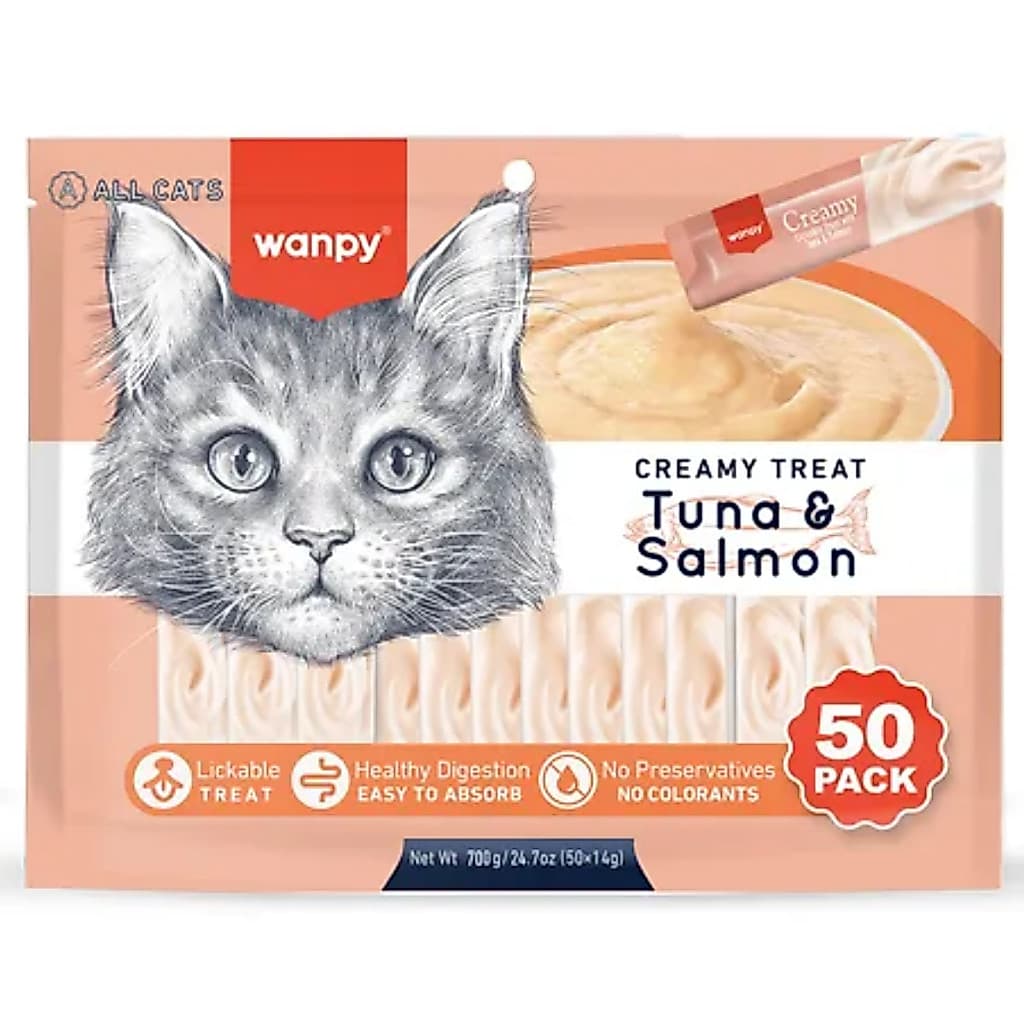 Petisco para gatos Wanpy Creamy Sabor Atum e Salmão Pacote com 50 tubos 14gx50 700g