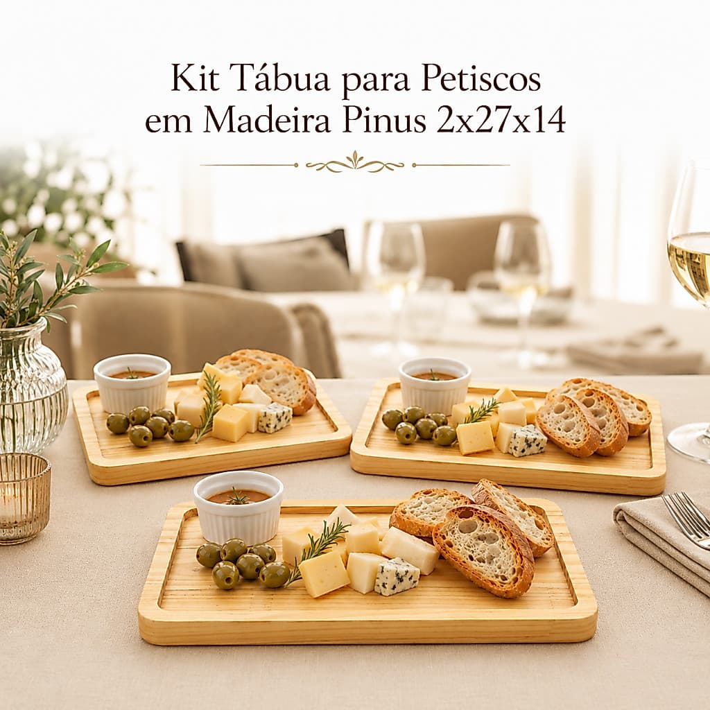 Kit Tábua Petisco em Madeira Pinus 2x27x14 Ideal para Petiscos Churrasco Carnes Aperitivos Decoração
