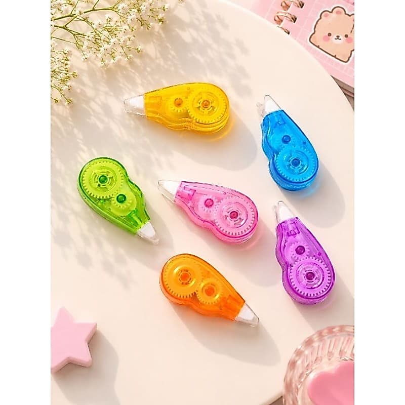 Kit 6 Corretivos em Fita Escolar 3,5m x 5mm Coloridos – Correção Limpa e Prática