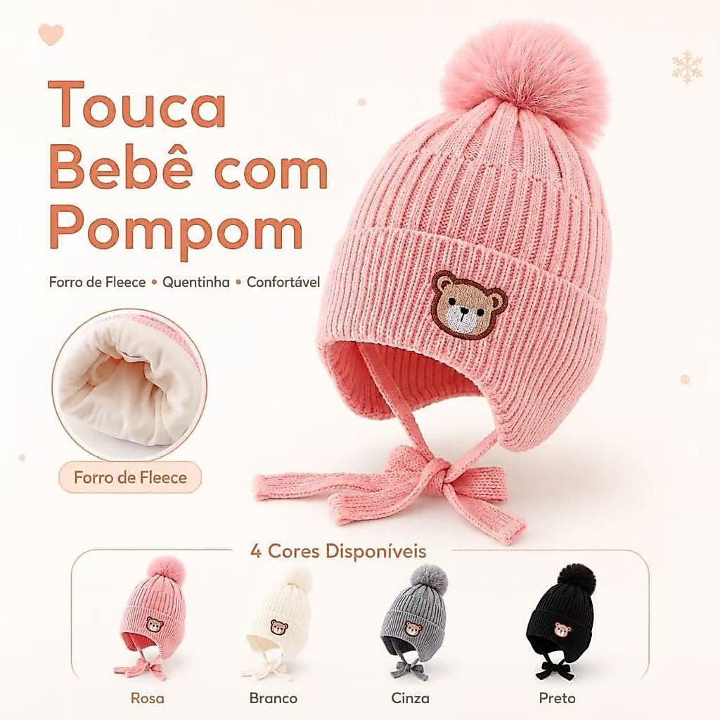 Gorro Infantil com Pompom e Orelhinhas, Touca de Inverno para Bebê e Criança, Forrada, Quentinha e Macia