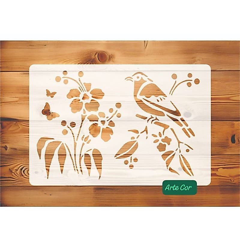 Estencil pássaro com flores pintura / Molde vazado n.225 com 30 x 20 cm