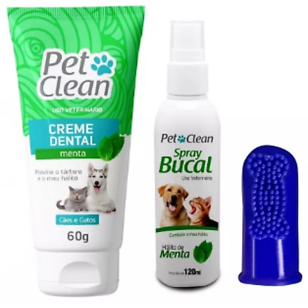 Kit Creme Dental + Spray Bucal + Dedal Borracha Para Cães e Gatos - Pet Clean