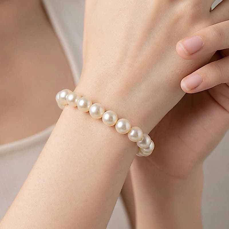 Pulseira de Pérolas ABS 8mm Creme Elástica Feminina Delicada Elegante