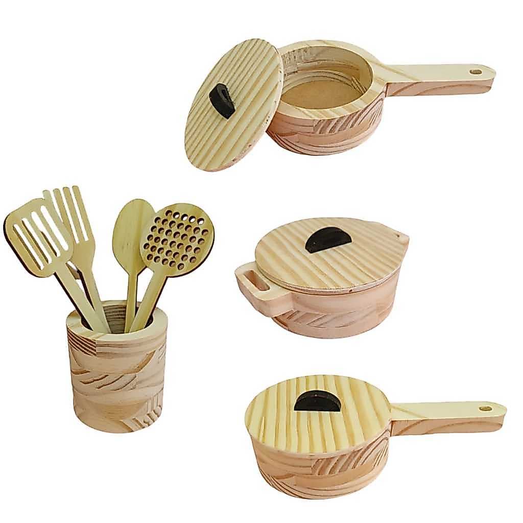 Panelas Para Mini Cozinha Brinquedo De Madeira Kit Com 8 Peças