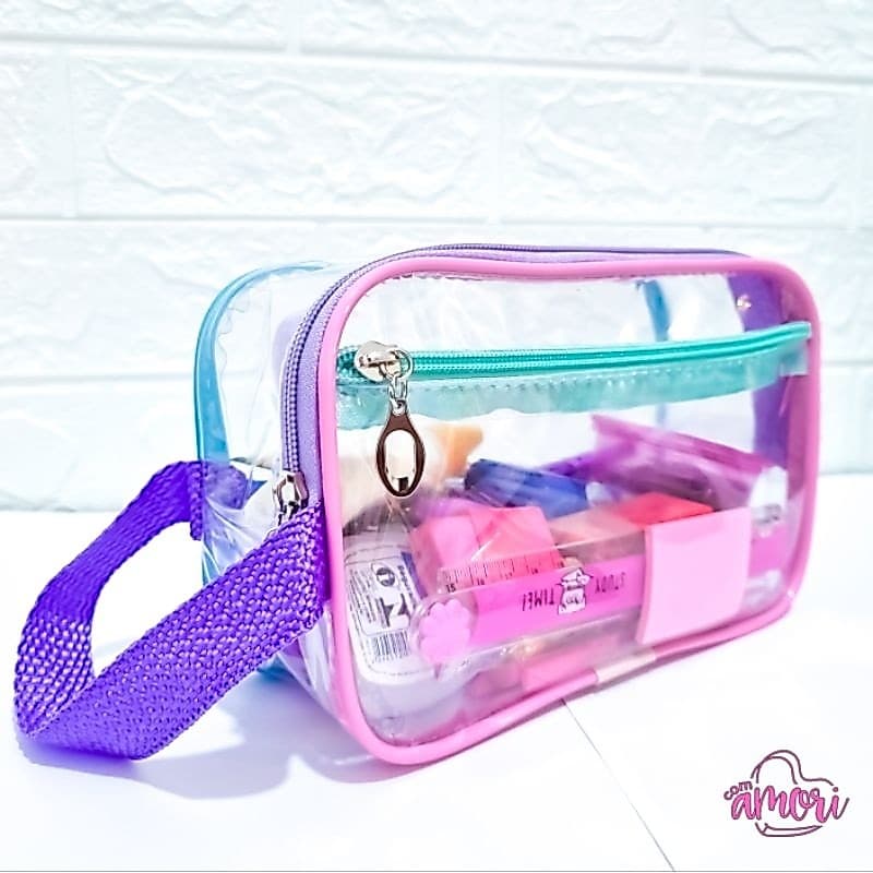 Estojo Necessaire Transparente com Alça e Bolso Externo para Maquiagens Cosméticos e Uso Escolar