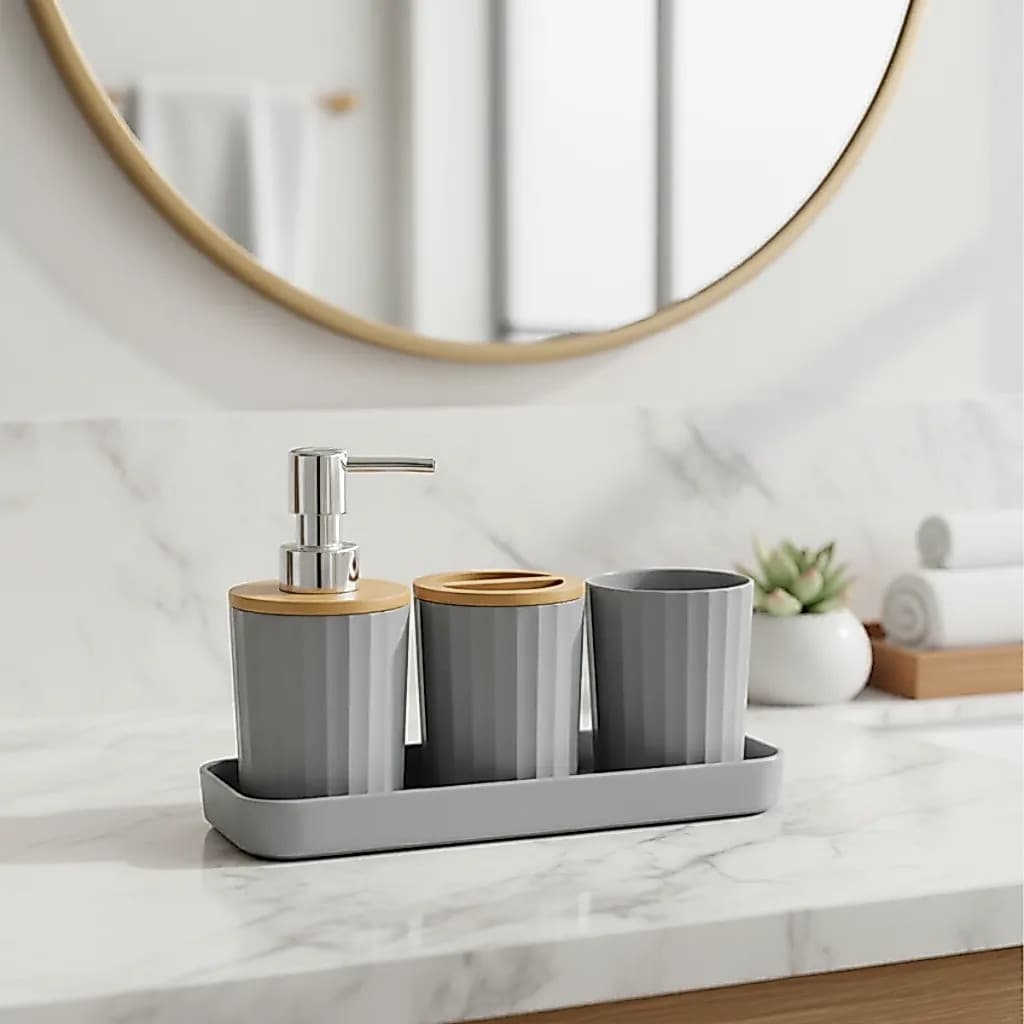 Kit Banheiro 4 Peças Porta Escovas Moderno Dispenser Sabonete com Tampa de Bambu