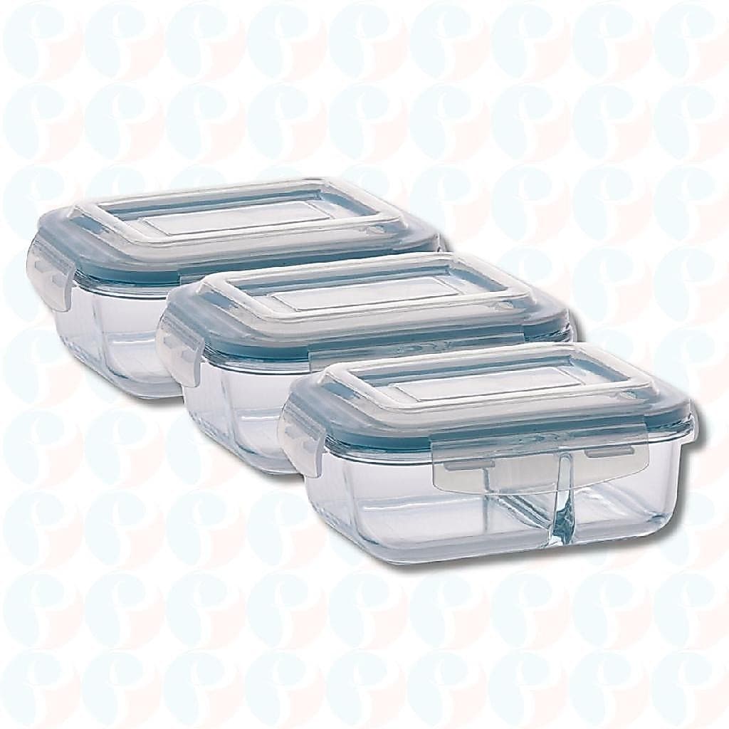 Kit 3 Pote de Vidro Hermético Com Divisoria 640ml Marmita
