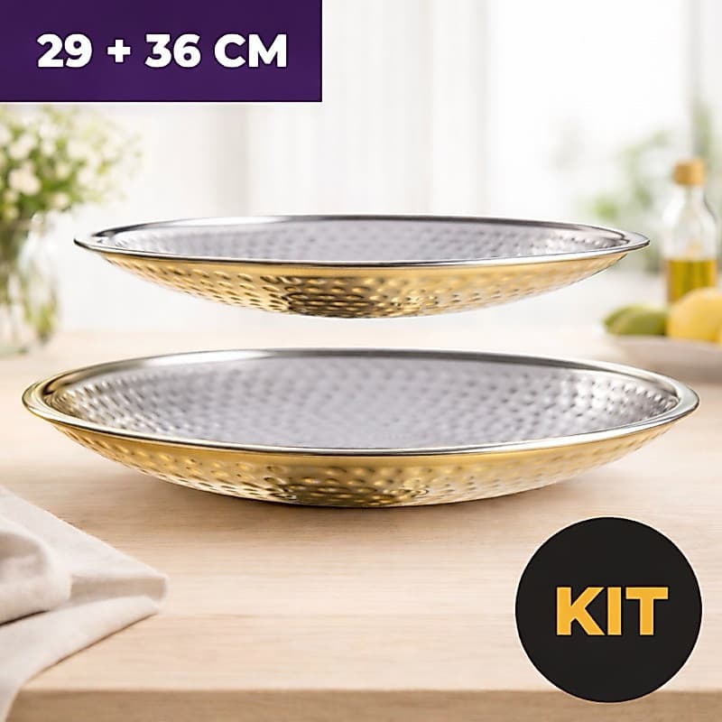 Prato de Bolo Inox Martelado 29cm + 36cm Dourado/Prata Kit Decorativo Luxo