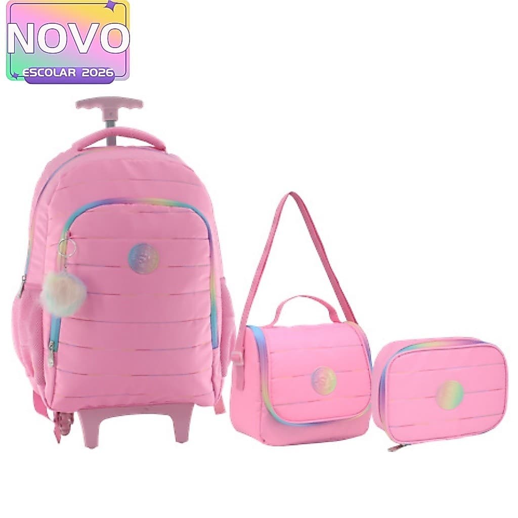 Kit Mochila 18” Escolar Juvenil Estampa Liso Com 2 Rodas Feminino Com Lancheira Térmica E Estojo