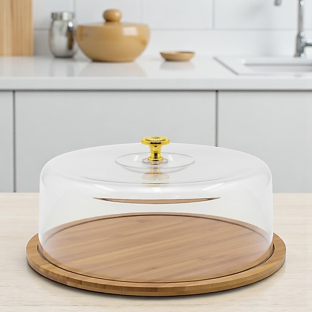 Boleira Porta Bolo Torta Base Bambu Tampa Acrílico Pegador