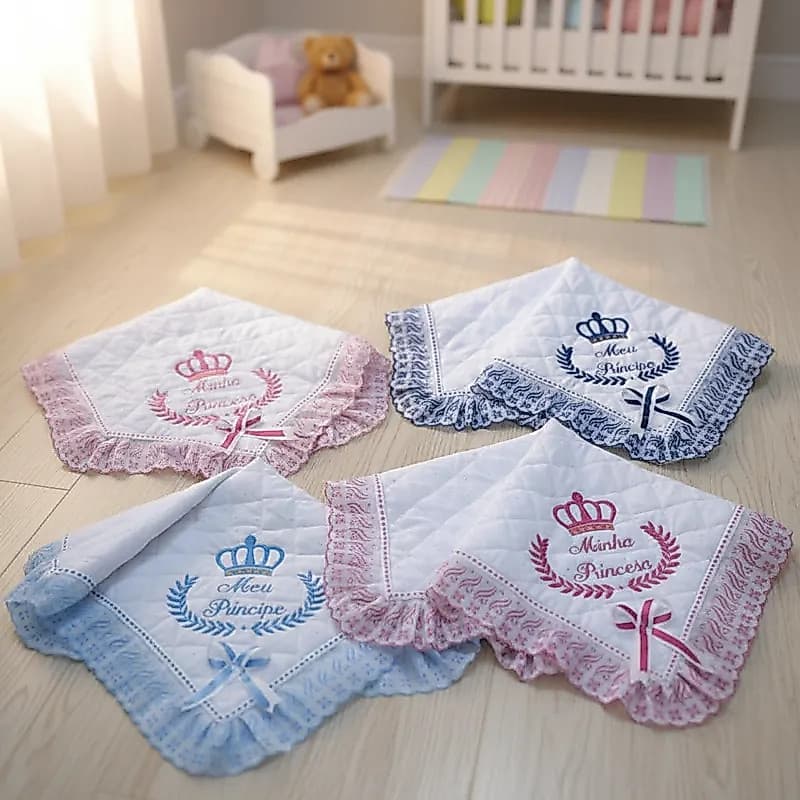 Manta Cobertor de Lese Bordada Forrada Baby Menino Menina 80x80 cm Coleção Realeza