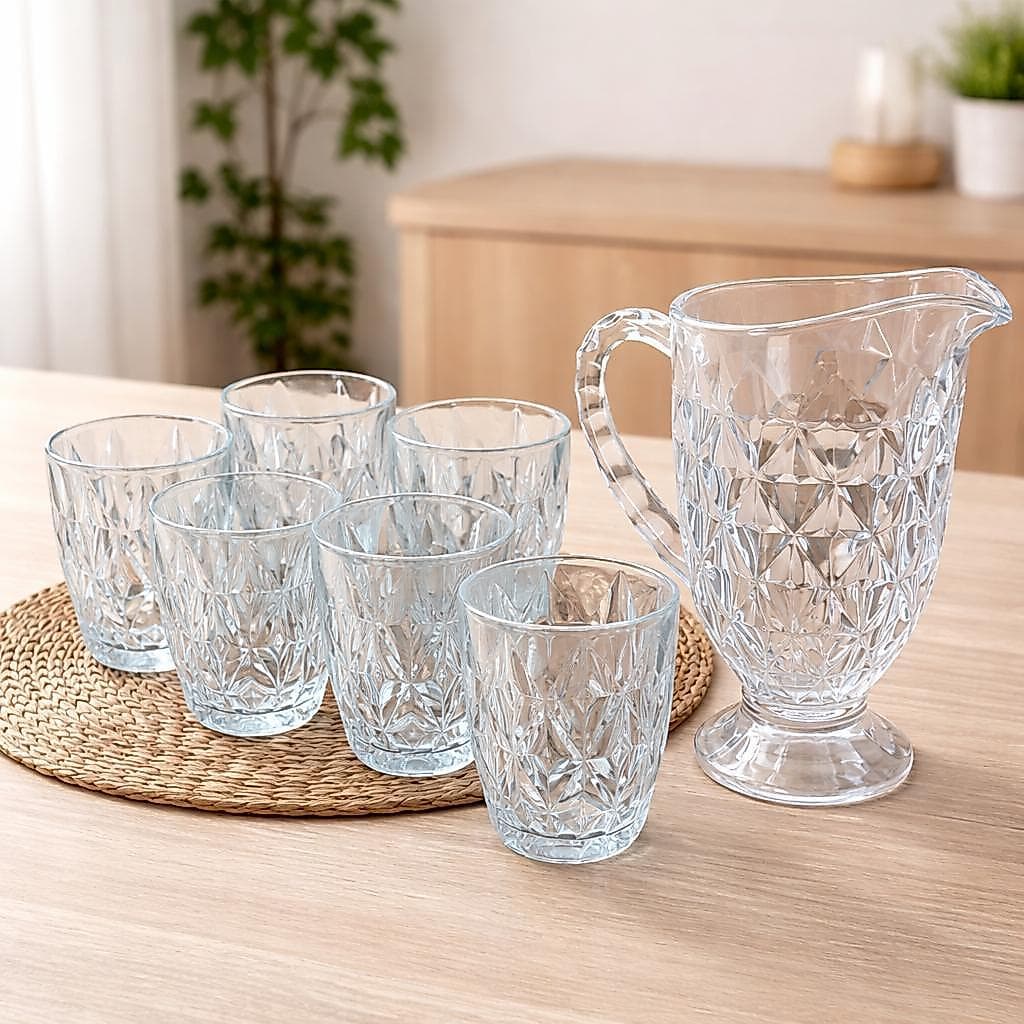 Jogo Jarra De Vidro  + Copos Diamond Luxo Agua Suco Drinks Chá 1.2L