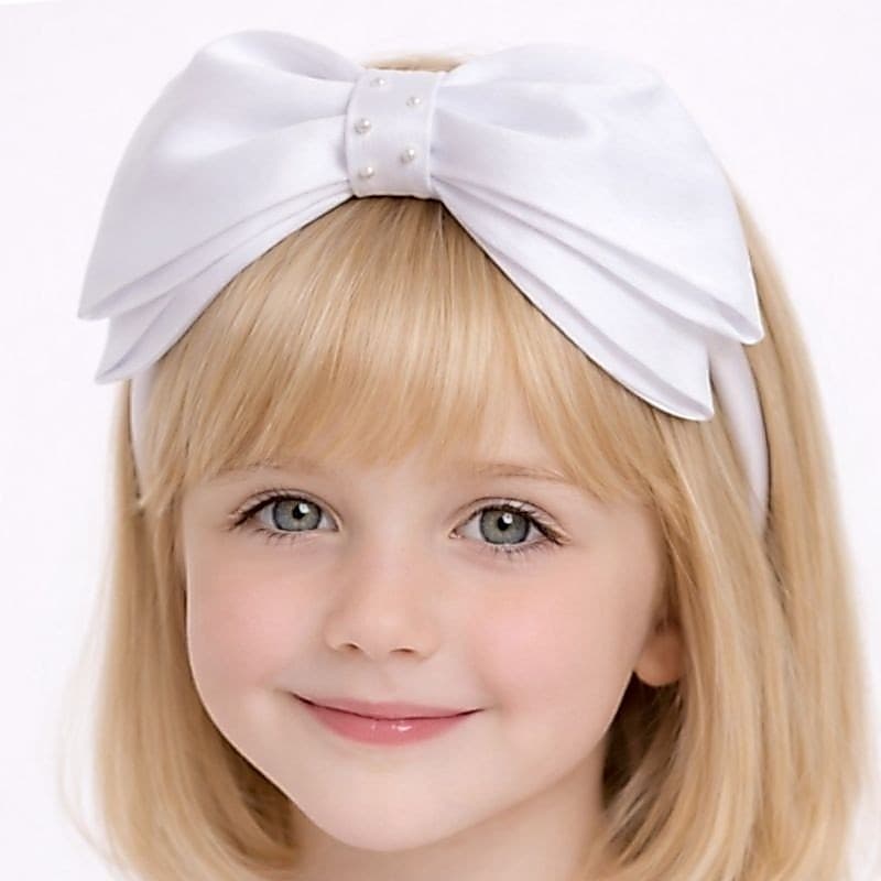 Tiara Infantil Seda Laço Grande Pérolas Luxo – Batizado e Casamento – Várias Cores