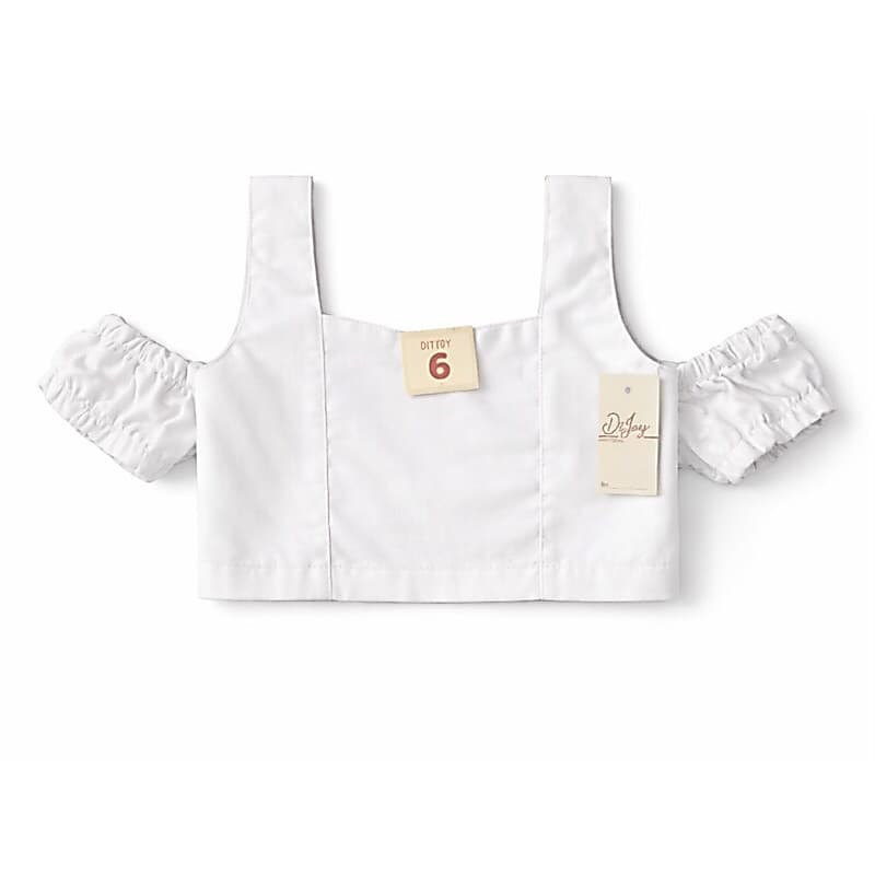 Blusinha de babado para meninas com detalhes nas costas e babadinho no braço rosa e branco