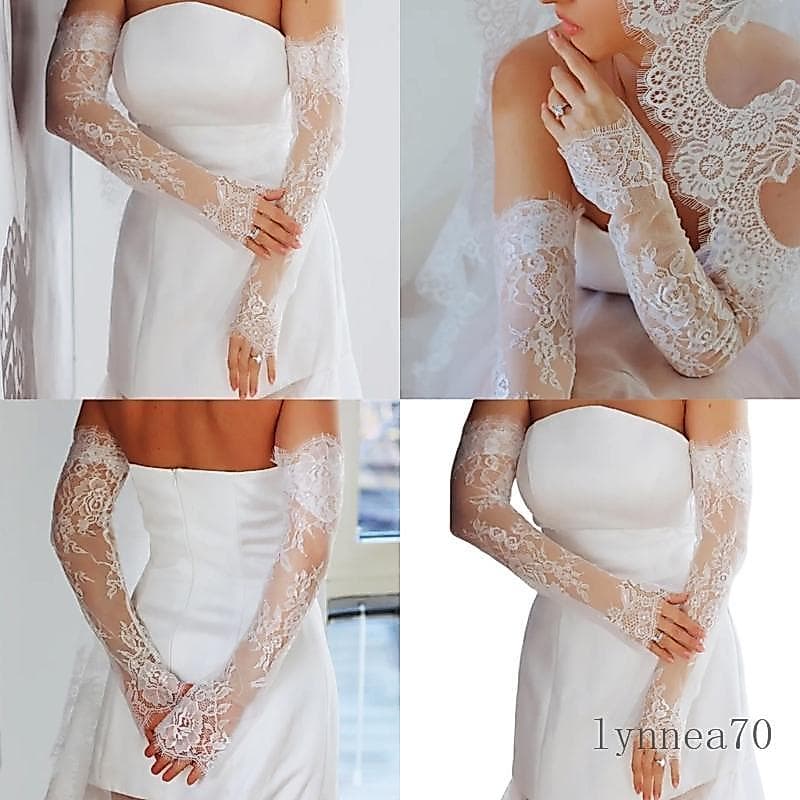 Lynn Transparente Mangas Compridas Braço Rendas Casamento Para Noiva Ocasião Formal Dedos Festa À