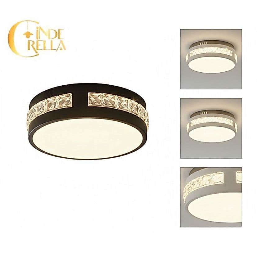 Plafon LED 16cm Preto com Cristal – 3 Cores em 1 Bivolt Luxo para Banheiro Corredor Lavabo