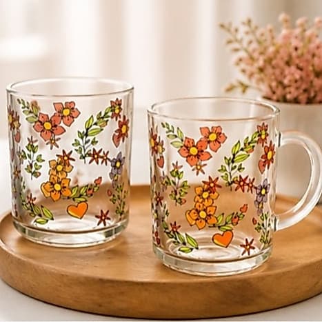 Conjunto 2 Canecas de Vidro Floral Delicada Lyor 220ml Estampa Flores Presente Feminino Café Chá Capuccino Kit Jogo