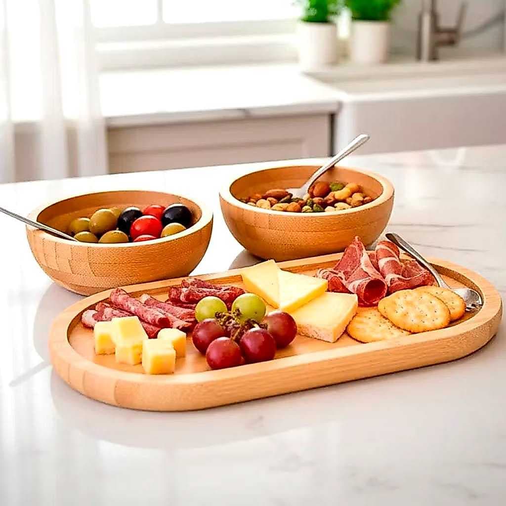 Bandeja Petisqueira com 2 ou 4 Bowls em Bambu Natural Molhos Aperitivos Cozinha Moderna Premium