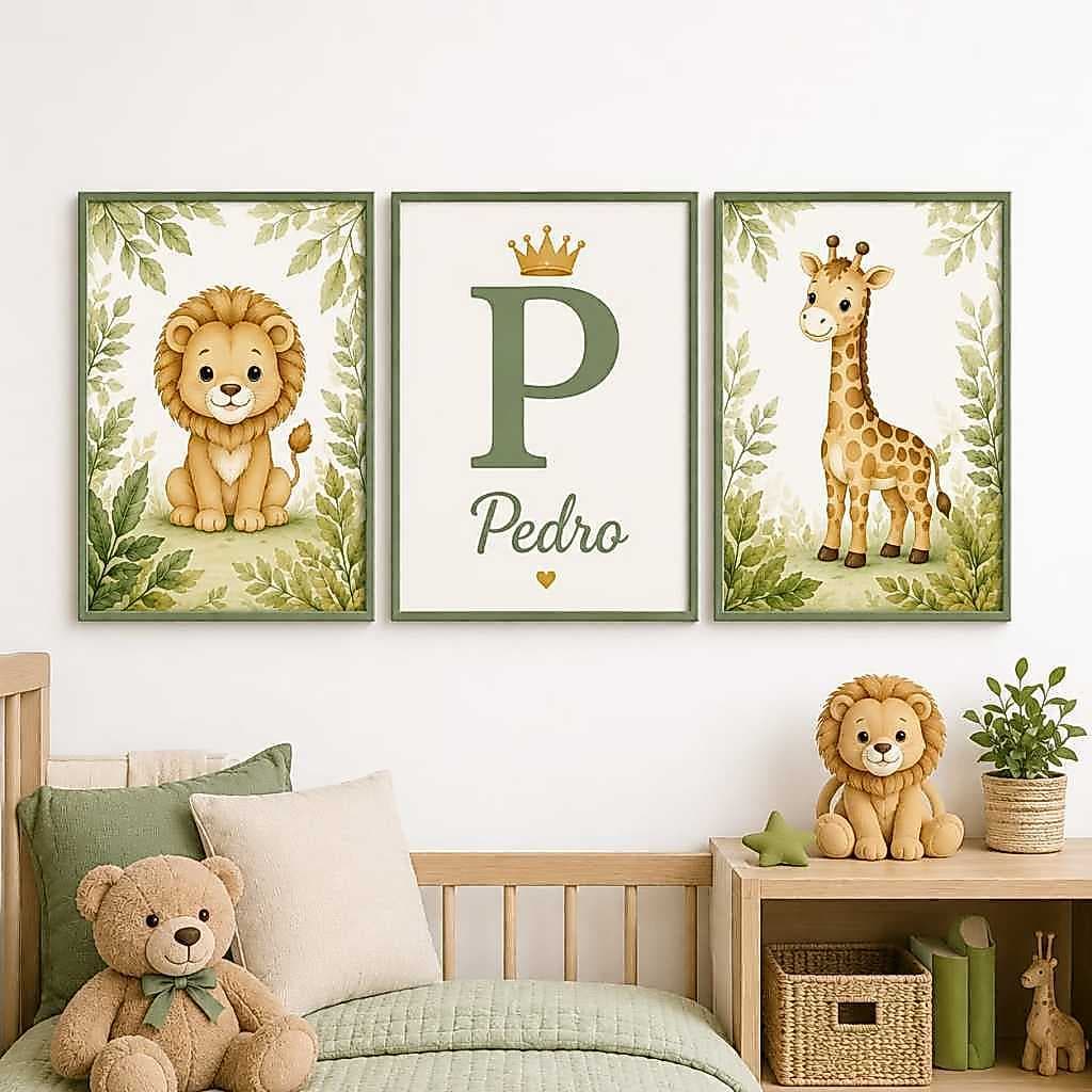 Quadro Infantil Safari Personalizado Nome e Inicial Kit 3 Peças Quarto Bebê Menino