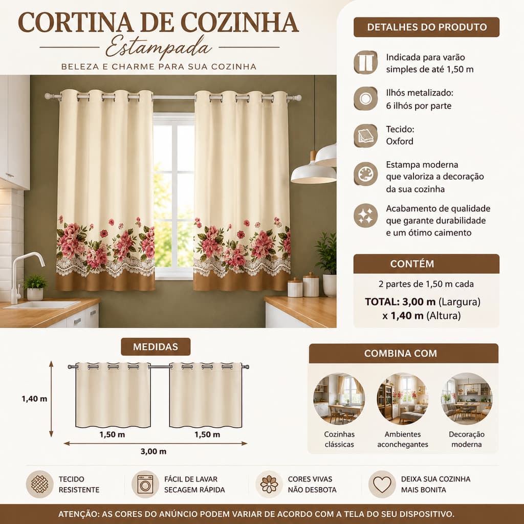 Cortina Para Cozinha Oxford 3,00x1,40 Estampada Elegante Janela Várias Estampas