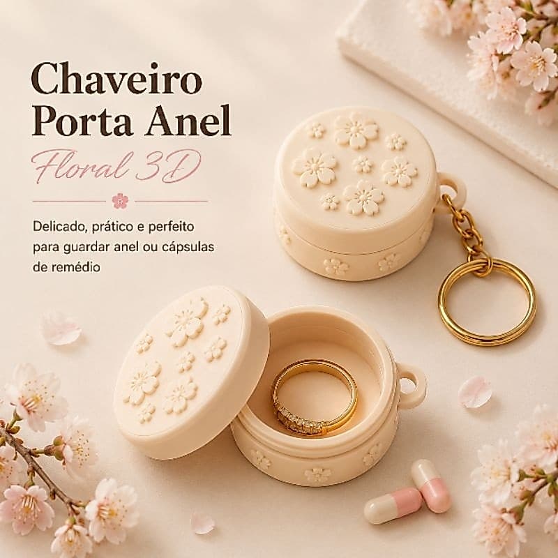 Chaveiro Porta Anel e Cápsulas Floral 3D com Tampa para Bolsa e Viagem