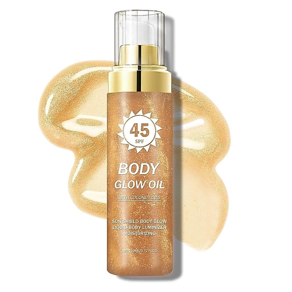 Óleo Iluminador Corporal, Óleo Brilhante para o Corpo com Mica Dourada, 3.72 fl oz, ÂMBAR |   Protetor Solar com Brilho