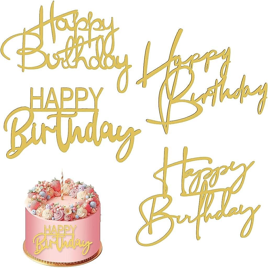 8 Peças de Topper de Bolo em Acrílico, 4 Estilos, Conjunto de Topper de Aniversário Dourado, Topper de Feliz Aniversário